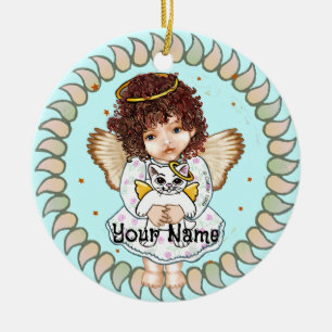 Mädchen Engel und Katze Keramik Ornament