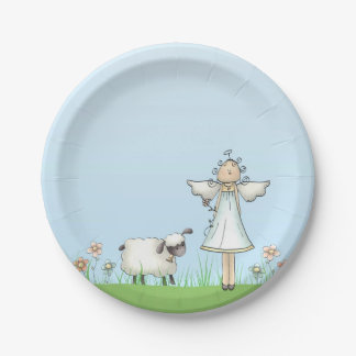 Mädchen-Engel und Lamm, Blau, religiös Pappteller