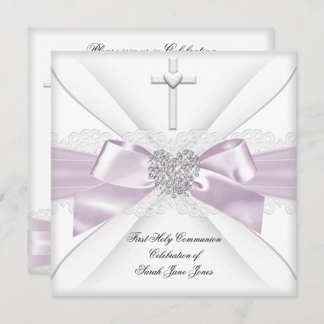 Mädchen Erste heilige Kommune Rosa Weißes Herz 2 Einladung (Vorne/Hinten)