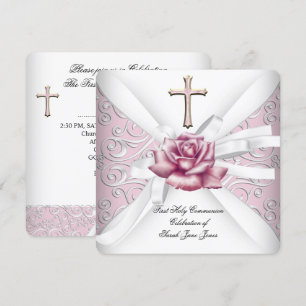 Mädchen Erste Heilige Kommunion Damast Rosa Rose W Einladung