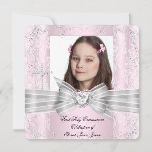 Mädchen Erste Heilige Kommunion Hübsches Rosa Foto Einladung