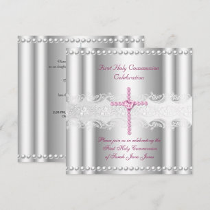 Mädchen Erste Heilige Kommunion Silber Spitze Rosa Einladung