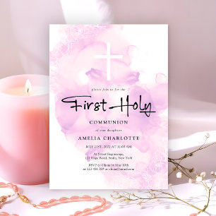 Mädchen Erste heilige Kommunion Soft Pink Wasserfa Einladung