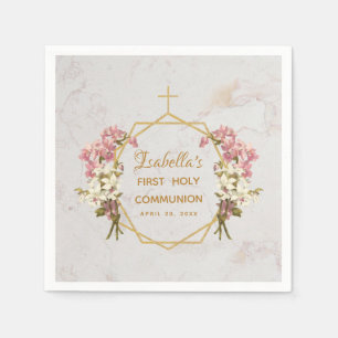 Mädchen Erste Kommunion Marmor Gold Kreuz Rosa Orc Serviette