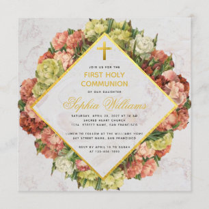 Mädchen Erste Kommunion Nelken Gold Kreuz Blumenst Einladung