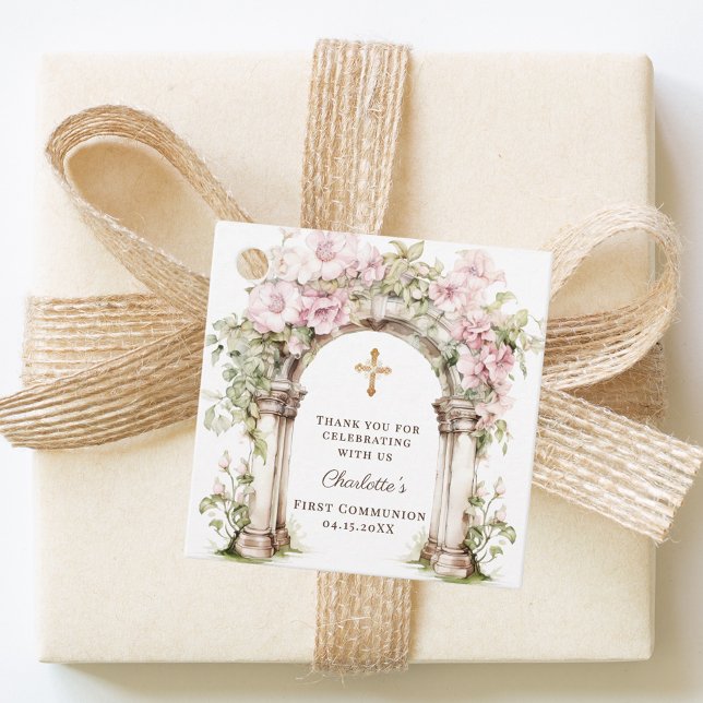 Mädchen Erste Kommunion Rosa Blumenbogen Kreuz Geschenkanhänger (Von Creator hochgeladen)