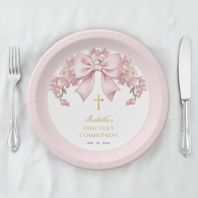 Mädchen Erste Kommunion Rosa Schleife Blumen & Gol Pappteller (Von Creator hochgeladen)