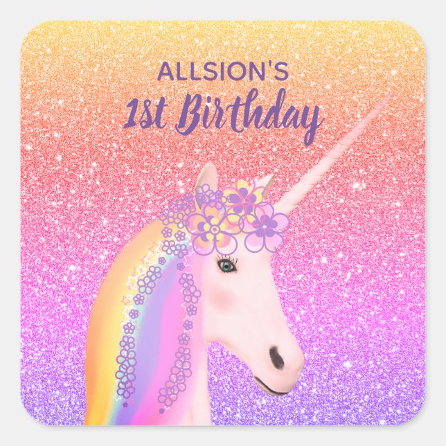 Mädchen Erstgeburt Unicorn Rainbow Personalisiert Quadratischer Aufkleber (Vorderseite)