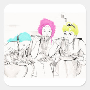 MÄDCHEN ESSEN SPAGHETTI QUADRATISCHER AUFKLEBER