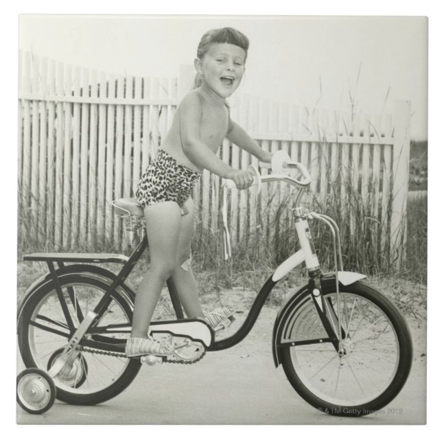 Mädchen fährt Fahrrad Fliese (Vorderseite)