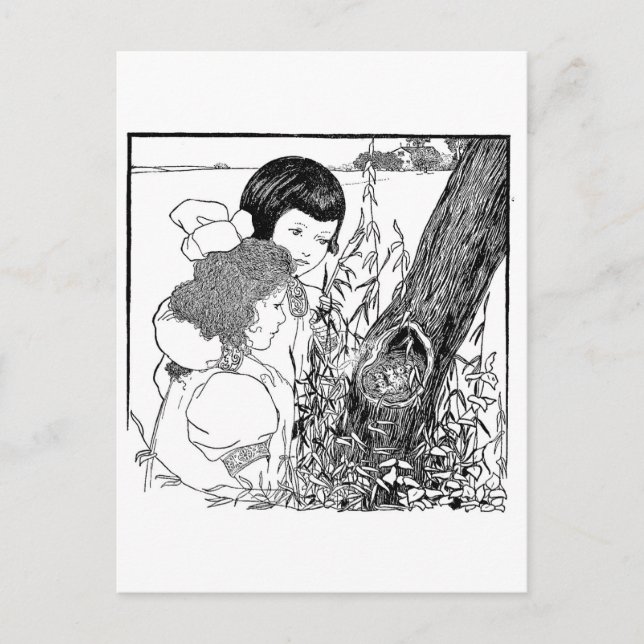 Mädchen fanden ein Vogelnest Postkarte (Vorderseite)
