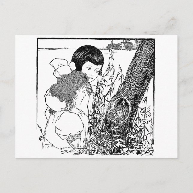 Mädchen fanden ein Vogelnest Postkarte (Vorderseite)