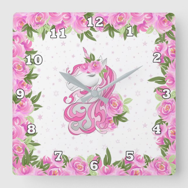 Mädchen-Fantasie-Einhorn-Dekoruhr Quadratische Wanduhr (Vorderseite)