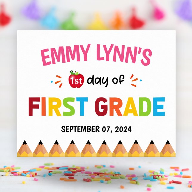 Mädchen farbenfroher erster Schultag Poster (Girls Colorful First Day Of School First Grade Poster)
