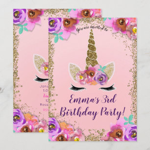 Mädchen Floral & Gold Glitter Einhorn Geburtstagsf Einladung