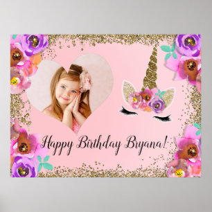 Mädchen Florales Gold Glitter Einhorn FOTO Banner Poster