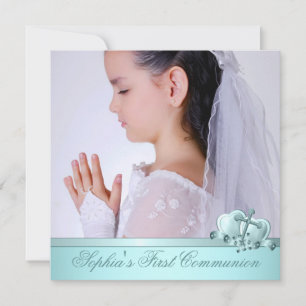 Mädchen Foto Türkisblaue Erstkommunion-Einladungen Einladung