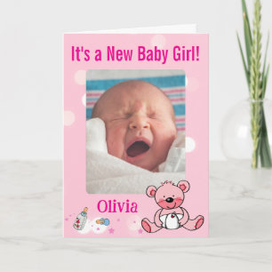 Mädchen-Fotoankündigung Thema Rosa Teddybär Karte