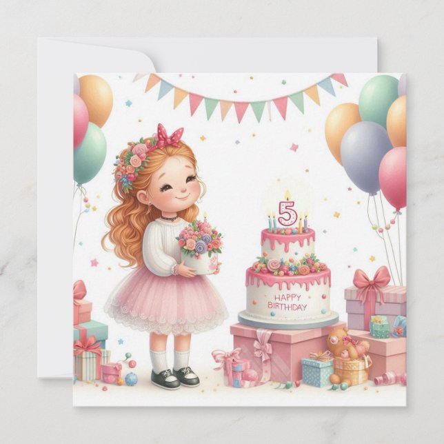 Mädchen fünf Jahre alt Geburtstag Einladung (Vorderseite)