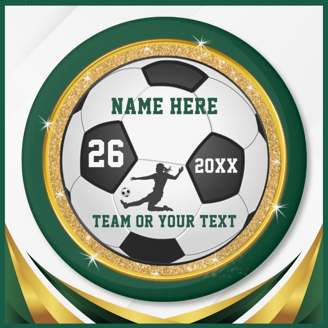 Mädchen-Fußballparty-Geschenke, Waldgrün oder ÄNDE Magnet (Personalized soccer magnets for girls. Forest green and gold soccer party favors. Cheap soccer gifts)