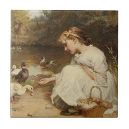 Mädchen Fütternd Enten (von Frederick Morgan) Fliese