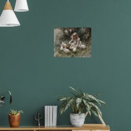 Mädchen Fütternd weiße Kaninchen Impressionistisch Poster