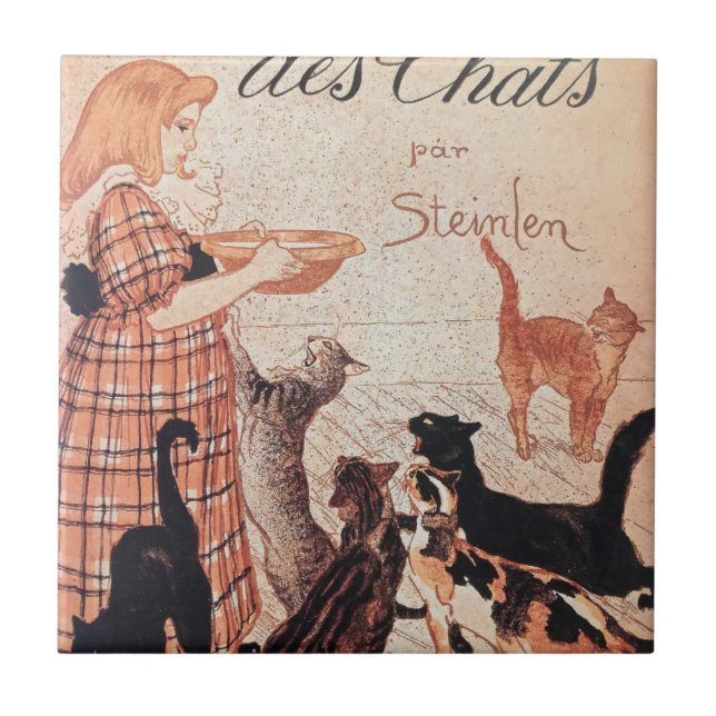 Mädchen füttert Katzen Vintage Steinlen Poster Fliese (Vorderseite)