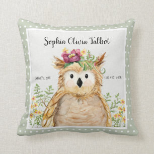 Mädchen-Geburts-Notfall-Eulen-Aquarell-Waldtier Kissen