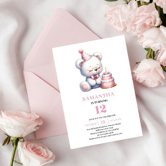 Mädchen Geburtstag Rosa Teddybär Elfenbein Ballon Einladung