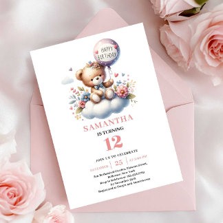 Mädchen Geburtstag Süßer Teddybär Ballon Party Ein Einladung