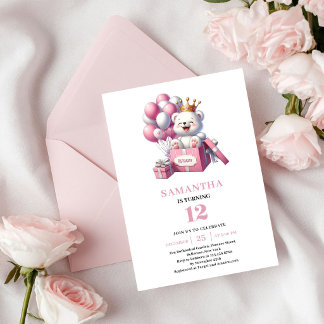Mädchen Geburtstag Süßer Teddybär Rosa Elfenbein B Einladung