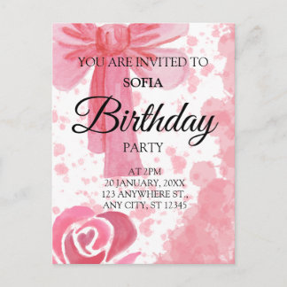 Mädchen-Geburtstags-Einladung mit rosa Schleife Postkarte