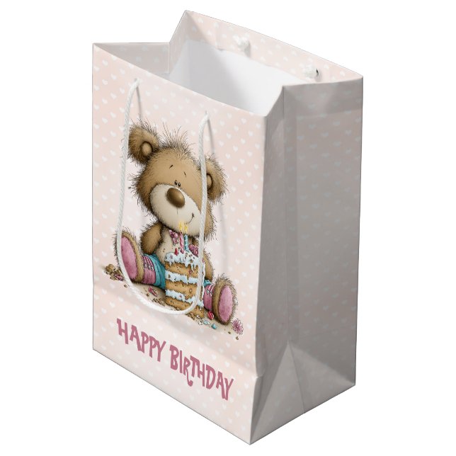 Mädchen Geburtstags-Teddybär-Geschenk  Mittlere Geschenktüte (Vorderseite Schrägansicht)