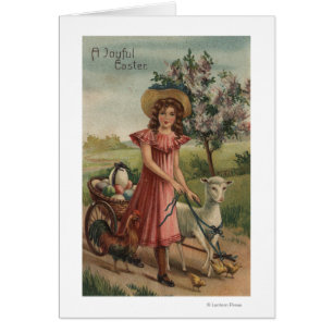 Mädchen-gehendes Lamm, Küken und Hahn