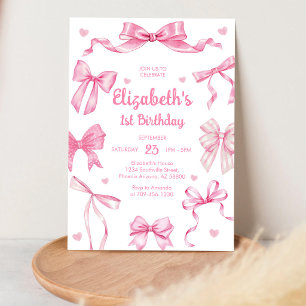Mädchen Gingham Coquette Rosa Schleife Geburtstags Einladung