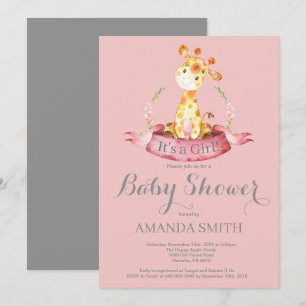 Mädchen-Giraffe-Baby-Shower-Einladung Rosa und Gra Einladung