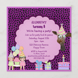 Mädchen-, Giraffen-u. Kuchen-lila Tierdruck lädt Einladung