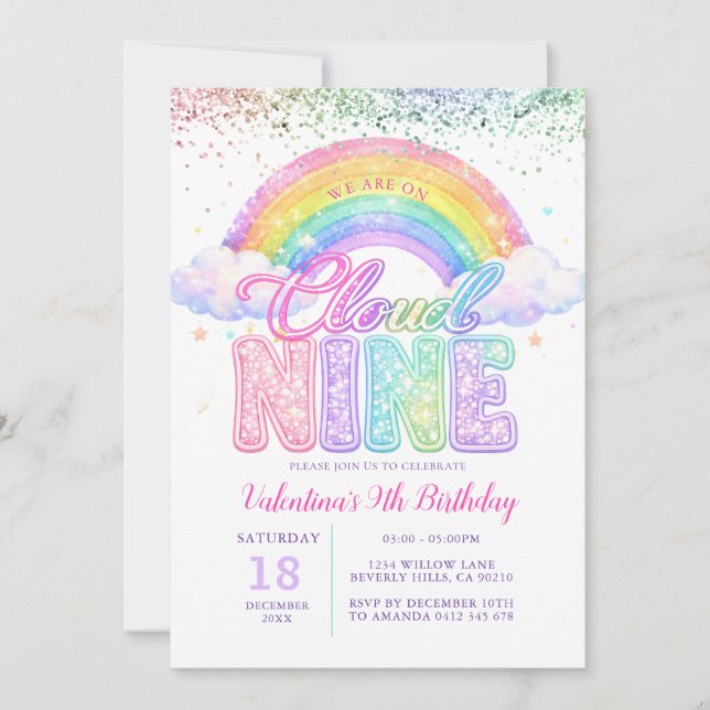 Mädchen Glitter Regenbogen Pastell Cloud Nine Gebu Einladung (Vorderseite)