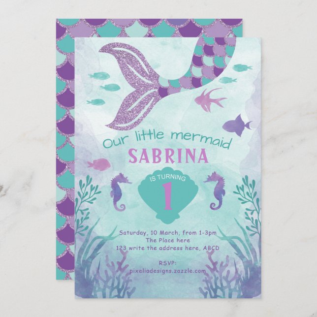 Mädchen, Glitzer, Meerjungfrau, Schwanz, Einladung (Vorne/Hinten)