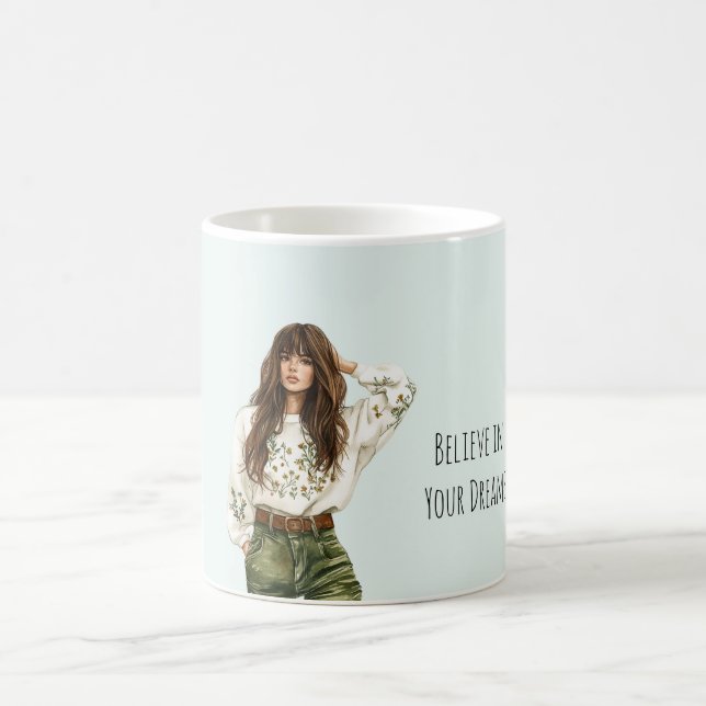 Mädchen Grüne Jeans Braune Haare Pony Kaffeetasse (Mittel)