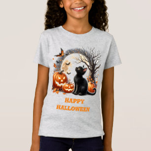 Mädchen Halloween schwarze Katze graue Crewneck T- T-Shirt