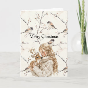 Mädchen hält Hirsch Vögel Baum Creme Weihnachten Karte