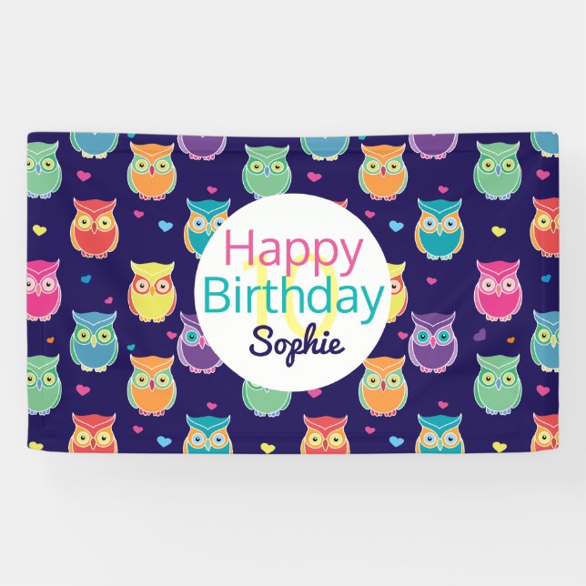 Mädchen Happy Birthday Blue Owl Muster Personalisi Banner (Horizontal)