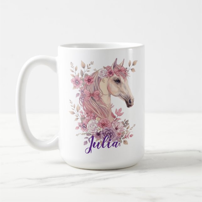 Mädchen Hübsche Ponys Pastell Blumen Pferd Kaffeetasse (Links)