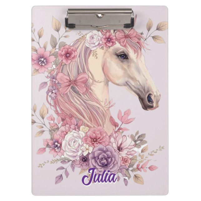 Mädchen Hübsche Ponys Pastell Blumen Pferd Klemmbrett (Vorderseite)