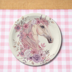 Mädchen Hübsche Ponys Pastell Blumen Pferd Pappteller