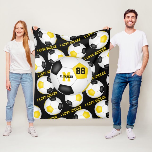 Mädchen Ich Liebe Fußball-Text schwarz Gold Fleecedecke (Beispiel)