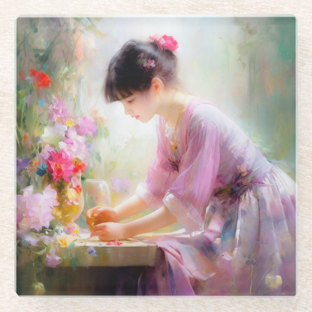 Mädchen im Blumengarten Glasuntersetzer (Vorderseite)