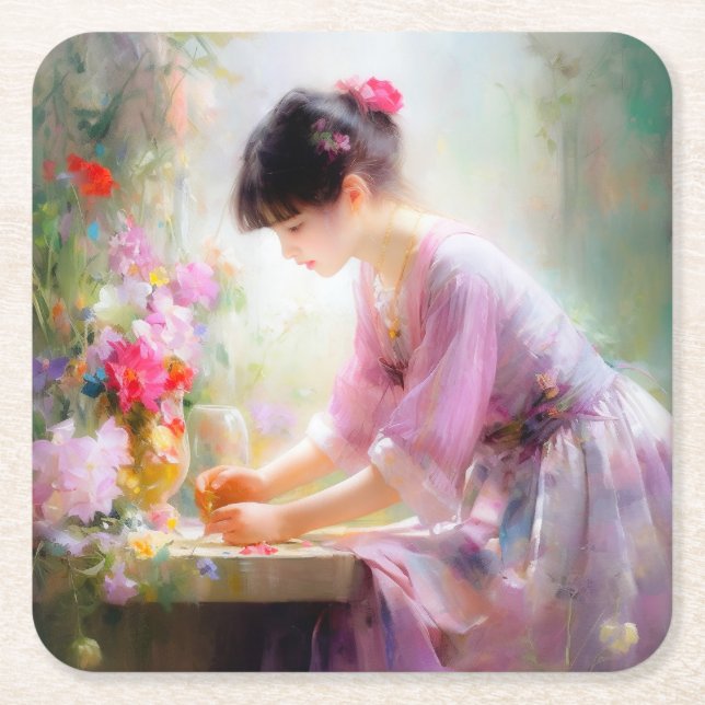 Mädchen im Blumengarten Rechteckiger Pappuntersetzer (Vorderseite)