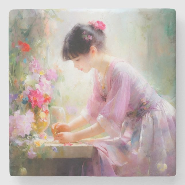 Mädchen im Blumengarten Steinuntersetzer (Vorderseite)